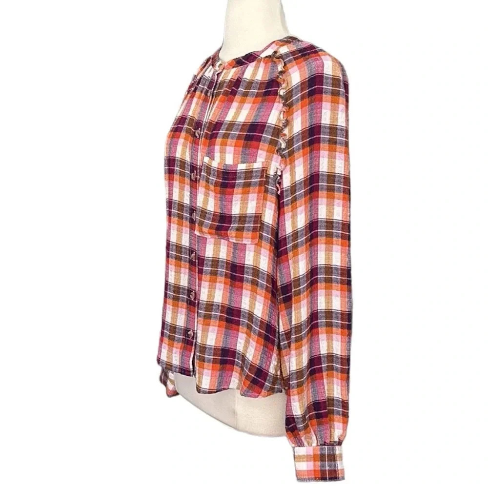 PILCRO Anthropologie Plaid Flannel Button Down Shirt Western Boho Ruffle Trim M - Picture 6 of 16